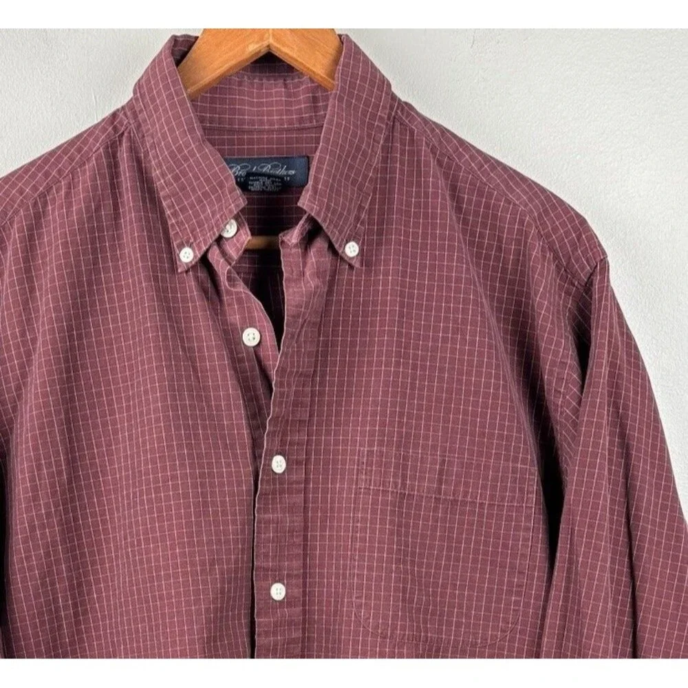 Brooks Brothers Mens M Rust Burgundy Check Cotton long sleeve Button Down Cotton